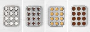 Peanut Butter Cup Step by Step Filling the Mini Cupcake Pan and Liners with Layers of Peanut Butter and Chocolate