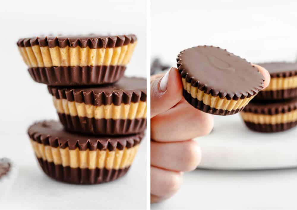 Left Side Shows Three Peanut Butter Cups Stacked with the Middle Peanut Butter Layer Exposed and the Right Shows Someone Grabbing One of the Peanut Butter Cups
