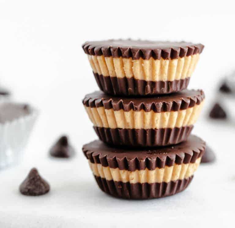 Peanut Butter Cups Stacked with Chocolate on the Top and Bottom Layers with Peanut Butter in the Middle