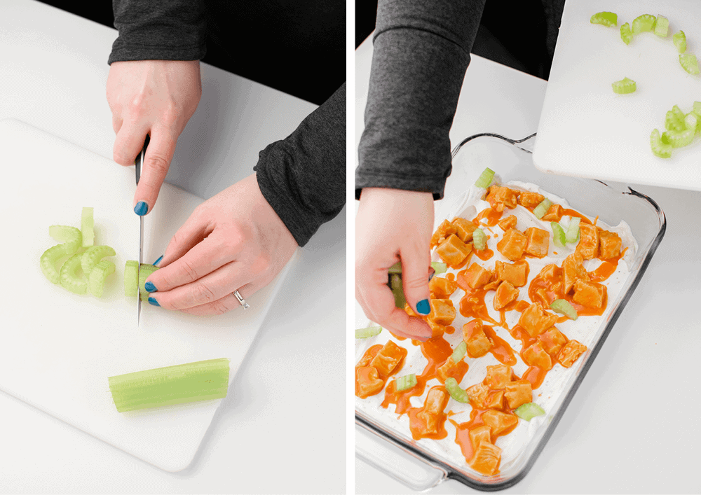Chopping and Sprinkling Celery Over Buffalo Chicken and Ranch Mix in a 7 by 11 Glass DIsh 