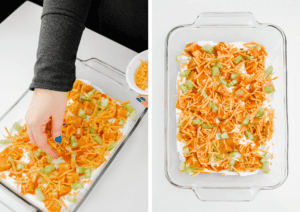 Sprinkling Cheddar Cheese Over Ranch Mix, Buffalo Chicken, and Celery Layers