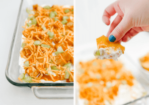 Scooping Buffalo Chicken Dip with a Tortilla Chip