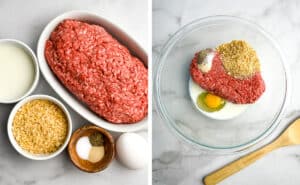 Meatball Ingredients left, Ingredients in a Mixing Bowl (right)