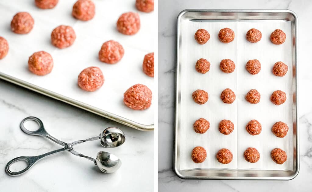 Meatballs on Baking Sheet with Meatball Maker (right) Meatballs in Rows on Baking Sheet with Parchment Paper (right)