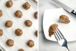 Baked Meatballs on a Baking Sheet (left) Fork with Meatball Cut Open on a Plate (right)