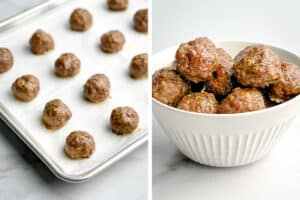 Baked Meatballs on a Baking Sheet (left) Baked Meatballs in a White Bowl (right)