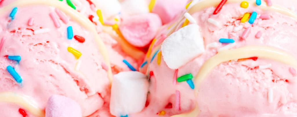 Marshmallows on Pink Ice Cream with Sprinkles