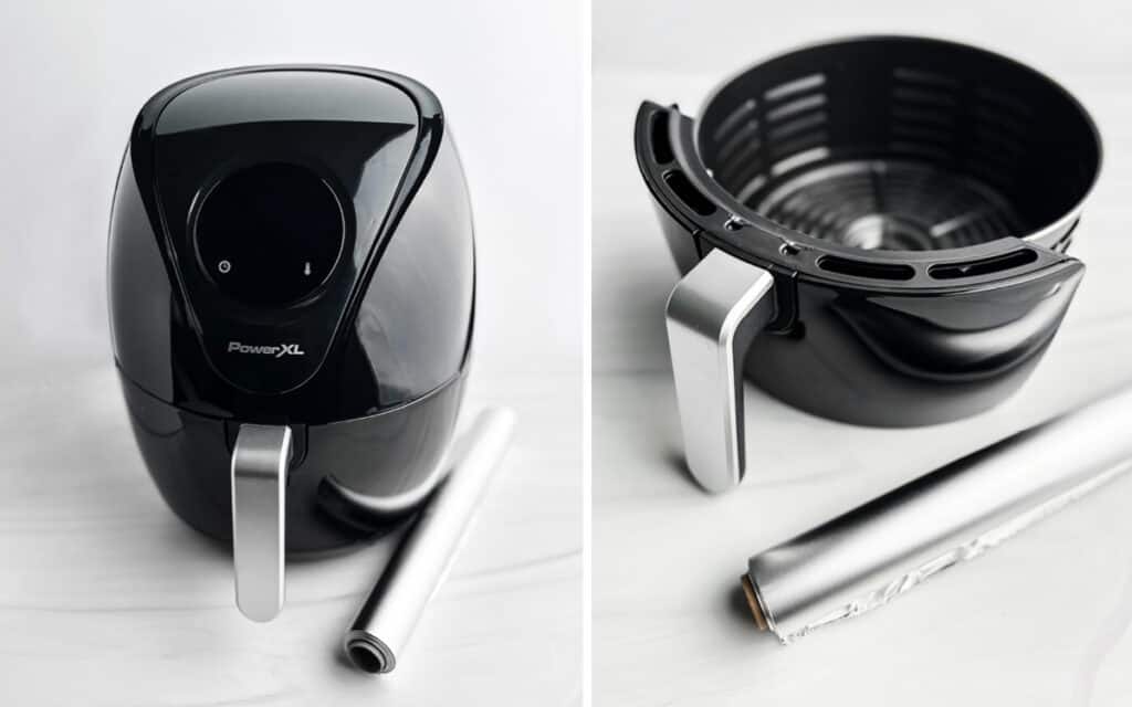 Black Power XL Air Fryer with Roll of Tin Foil (left) Air Fryer Basket with Roll of Foil (right)