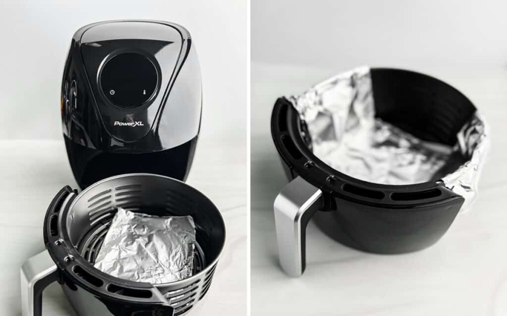 Aluminum Foil in the Air Fryer, Boat (left, Foil Sling (right)