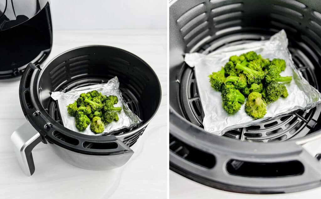 Broccoli in Aluminum Foil in an Air Fryer Basket