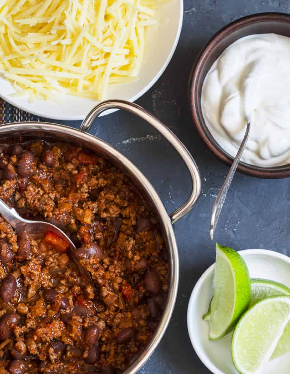 Pot of Chili with Chili Toppings
