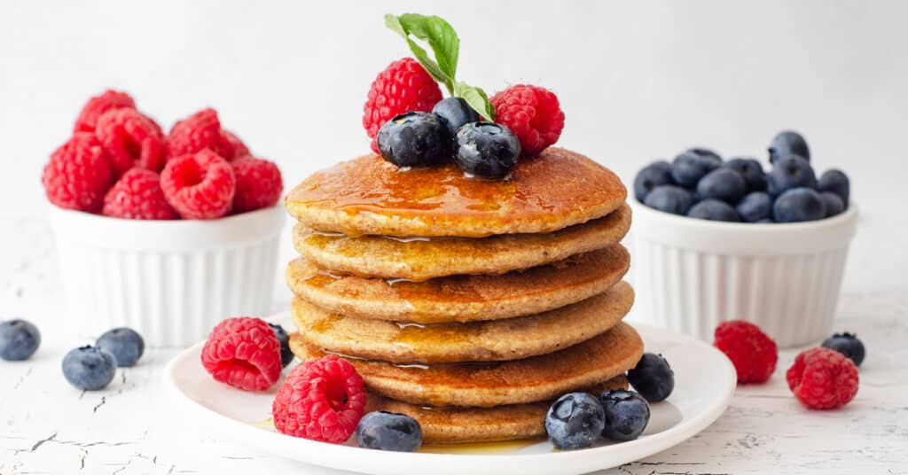 Pancake Stack Topped with Raspberries and Blueberries