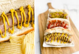 Brats on Buns with Mustard, Ketchup, Relish, and Chips on the Side