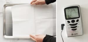 Preparing Baking Sheet with Precut Parchment Paper (left) Meat Thermometer (left)