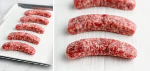 Fresh Raw Bratwursts on Baking Pan with Parchment Paper
