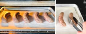 Baked Brats on Baking Sheet (left) Flipping Brats with Tongs (right)