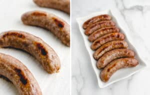 Cooked Brats on Baking Sheet (left) On Serving Tray (right)