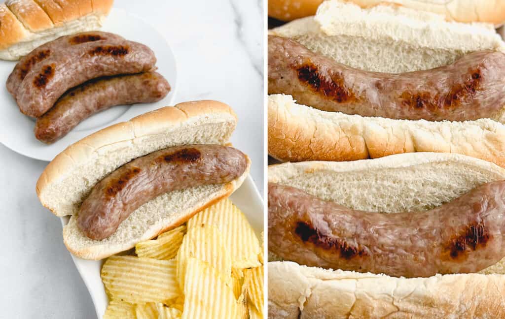 Cooked Brats on Buns with Chips