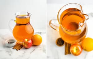 Hot Apple Cider Ingredients - Apple Juice, Orange, Apple, Cloves, and Cinnamon Sticks