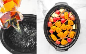 Adding Apple Juice to Crockpot (left) Cider in Slow Cooker (right)