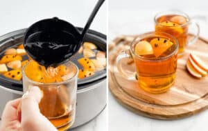 Serving Hot Apple Cider with Ladle in Glass Mugs