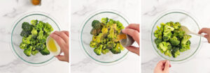 Add Olive Oil and Season Salt to Bowl of Broccoli