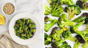 Plated Air Fried Broccoli Close Up With Browned Edges