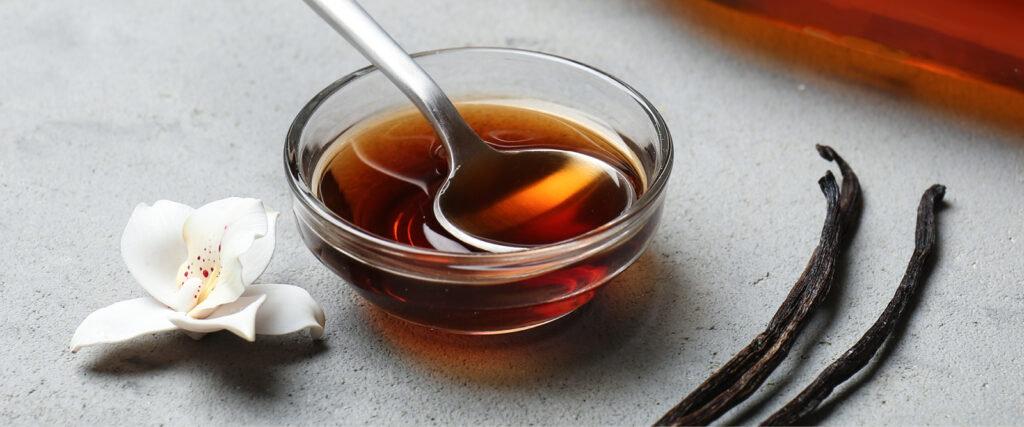 Vanilla Orchid with Vanilla Beans and Extract in Bowl with Spoon on Grey Surface