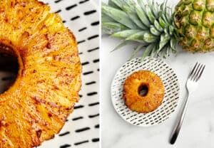 Air Fried Pineapple Rings Closeup (left), Air Fried Pineapple Rings on Plate with Fork and Whole Pineapple (right)