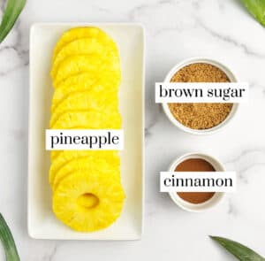 Pineapple Rings on White Serving Plate, Brown Sugar and Cinnamon in Small White Bowls on a White Marble Countertop