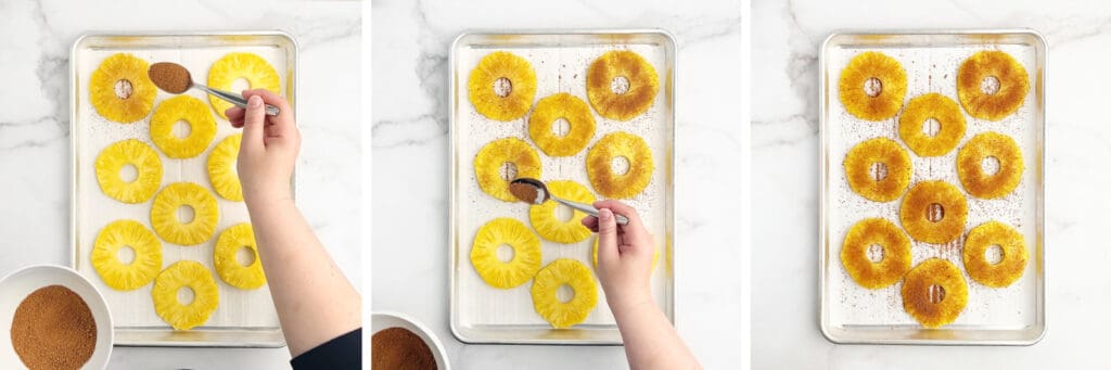 Pineapple Rings on Parchment Covered Sheet Pan Sprinkled with Brown Sugar and Cinnamon Using a Spoon