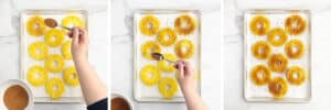 Pineapple Rings on Parchment Covered Sheet Pan Sprinkled with Brown Sugar and Cinnamon Using a Spoon