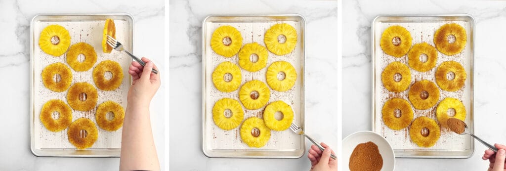 Flipped Pineapple Rings on Baking Sheet Sprinkled with Brown Sugar and Cinnamon