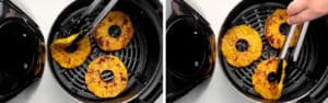 Air Fried Pineapple Flipped Halfway in Air Fryer Basket Using Kitchen Tongs