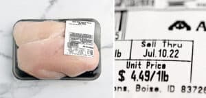 Package of Raw Chicken with Label (left) Close Up of Label with Sell Thru Date (right)