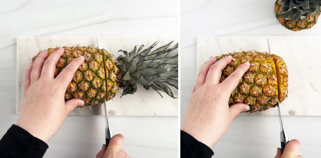 Cutting Pineapple Top and Bottom Off Using Knife and Cutting Board