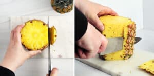 Trimming Rind of Pineapple on Cutting Board Using Knife
