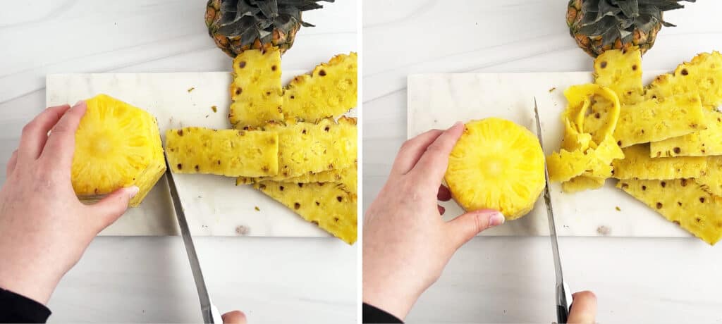 Trimming Rind of Pineapple Into Round Shape on Cutting Board Using Knife