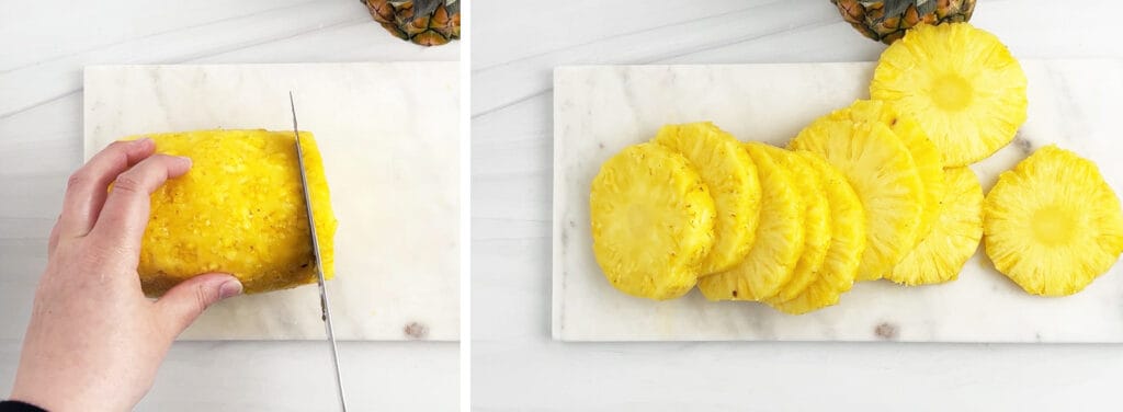 Cutting Pineapple into Slices on Cutting Board with Knife