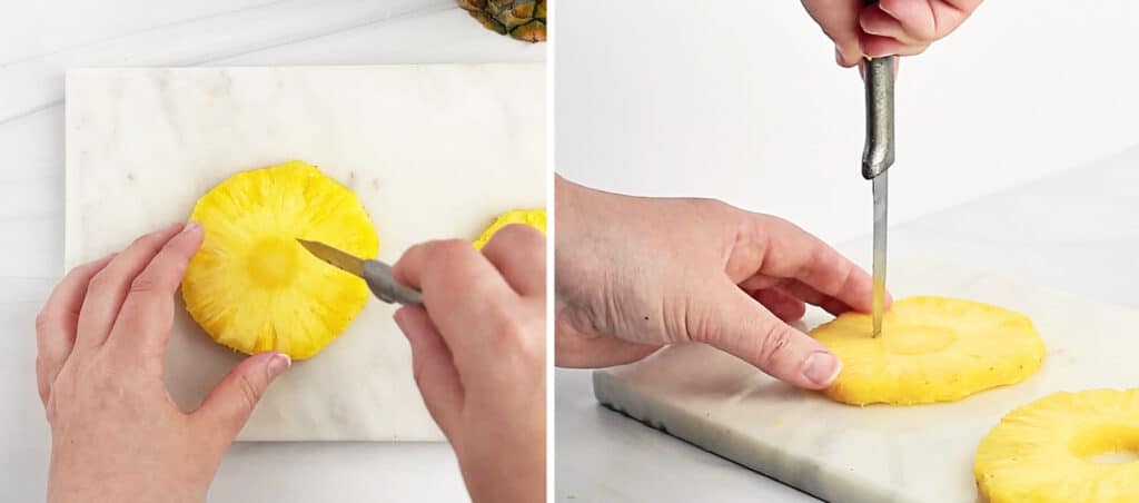 Coring Pineapple Slices with a Pairing Knife on a Cutting Board