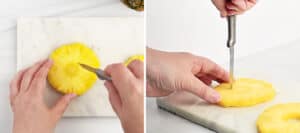 Coring Pineapple Slices with a Pairing Knife on a Cutting Board