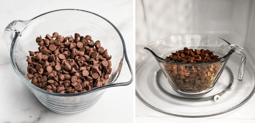 Milk Chocolate Chips in Glass Batter Bowl (left) Chocolate Chips in Glass Bowl in Microwave (right)