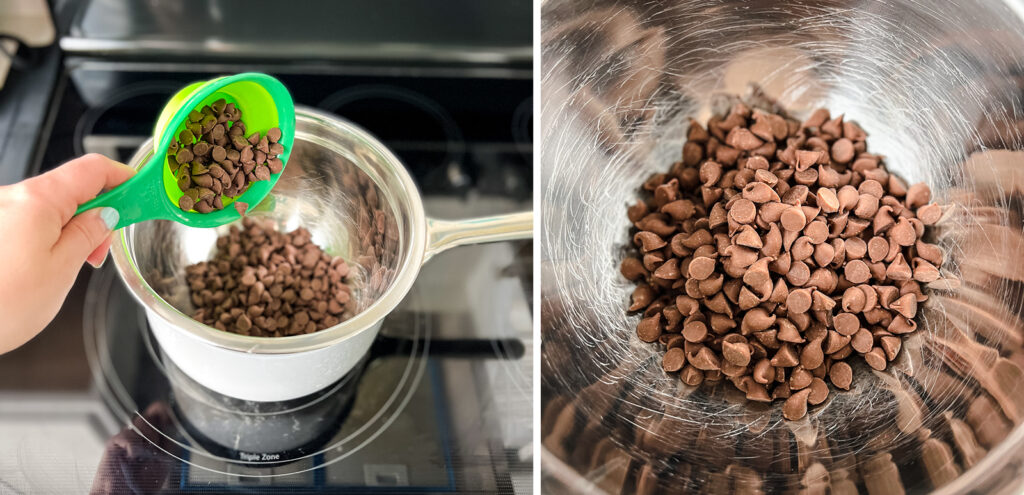 Adding Chocolate Chips to DIY Double Boiler (left), Chocolate Chips in Double Boiler (right)