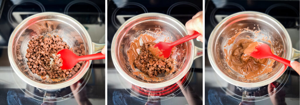 Melting Chocolate Chips on the Stovetop with a Homemade Double Boiler and Red Spatula