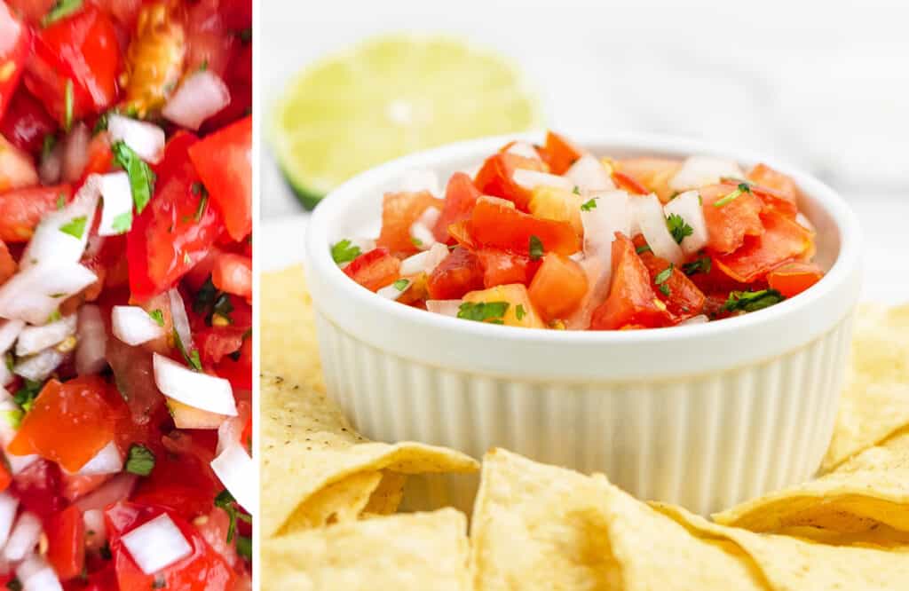 Pico de Gallo Closeup (left) Pico in Bowl with Tortilla Chips (right)