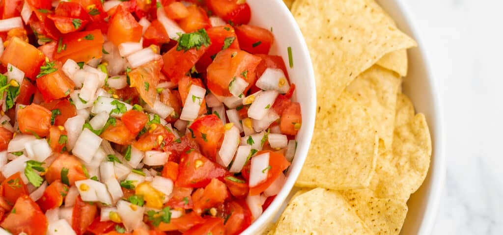 Closeup of Pico de Gallo in Bowl with Tortilla Chips