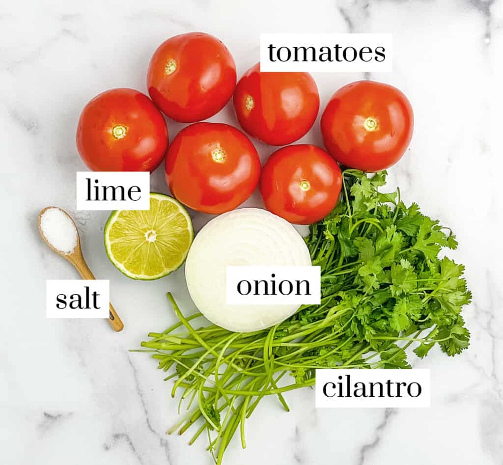 Tomatoes, Lime, Onion, Cilantro, and Salt on White Marble Countertop