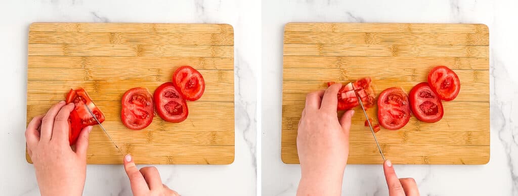 Chopping Tomatoes with Knife on Wooden Cutting Board