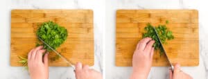 Chopping Cilantro with Knife on Wooden Cutting Board
