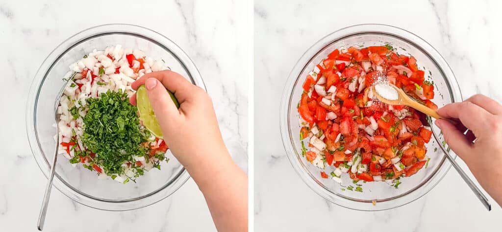 Adding Salt to Pico de Gallo in Glass Bowl